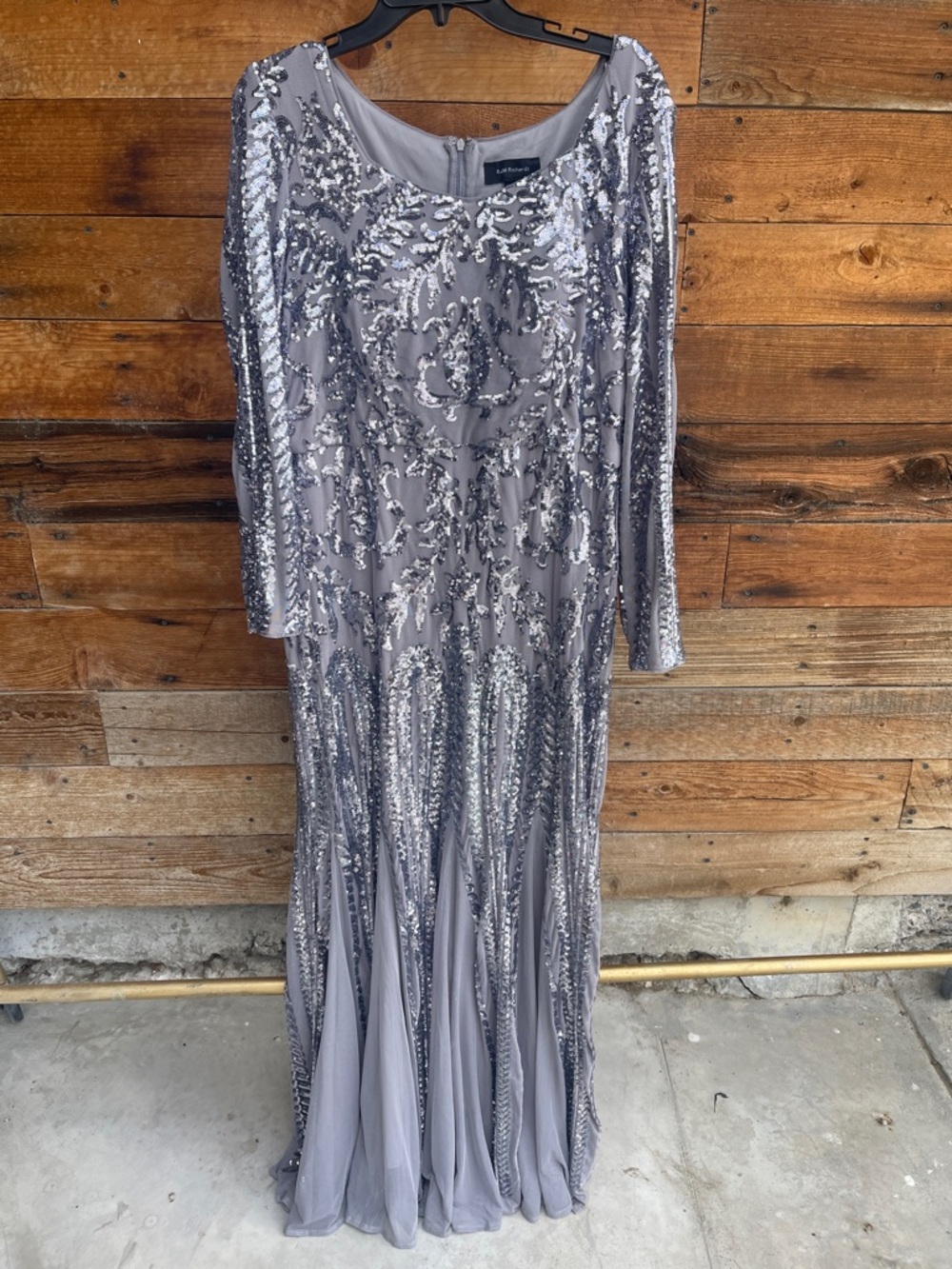 R&M Richards Silver Sequin Maxi Dress